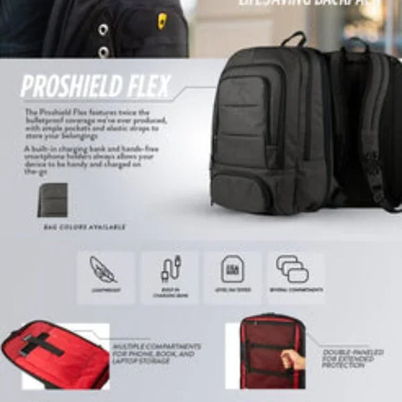 Proshield Flex Bulletproof Backpack Expandable Full-Body Protection Charcoal